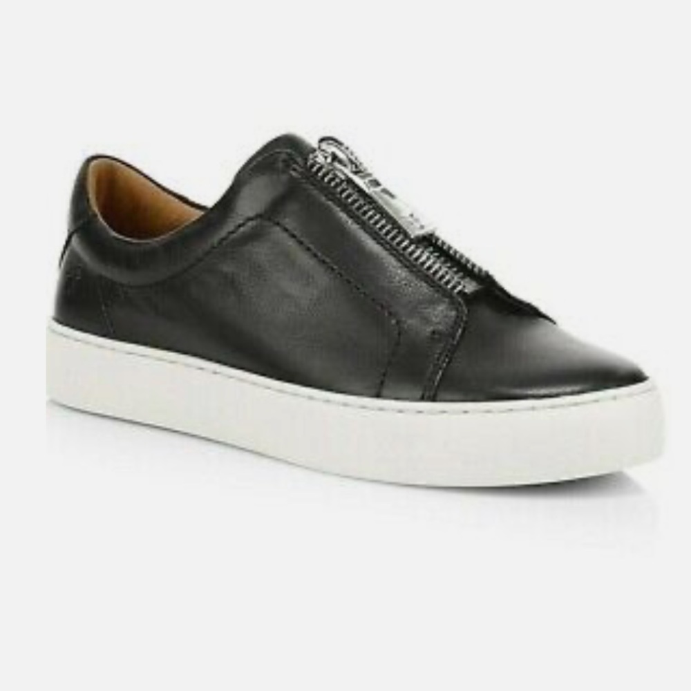 FRYE LENA ZIP LEATHER FLAT SLIP-ON SNEAKER BLACK